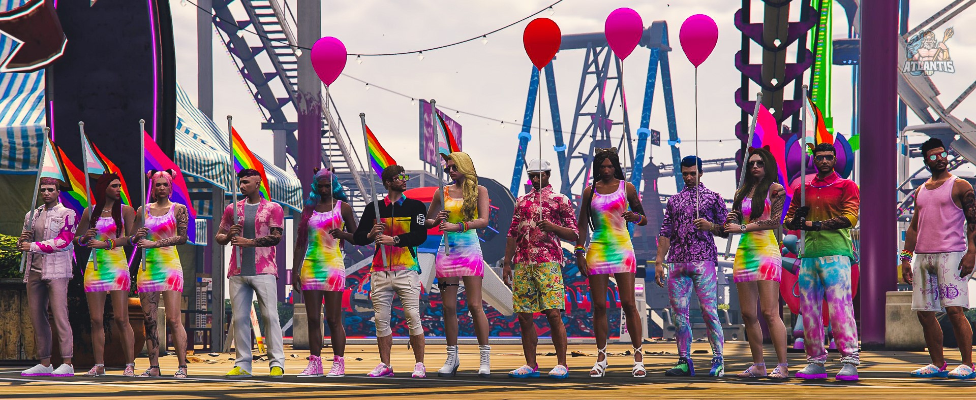 Jugadores con sus personajes vestidos con colores del arcoíris con globos y banderas representativas del orgullo LGTBIQ+ durante un evento homónimo. 